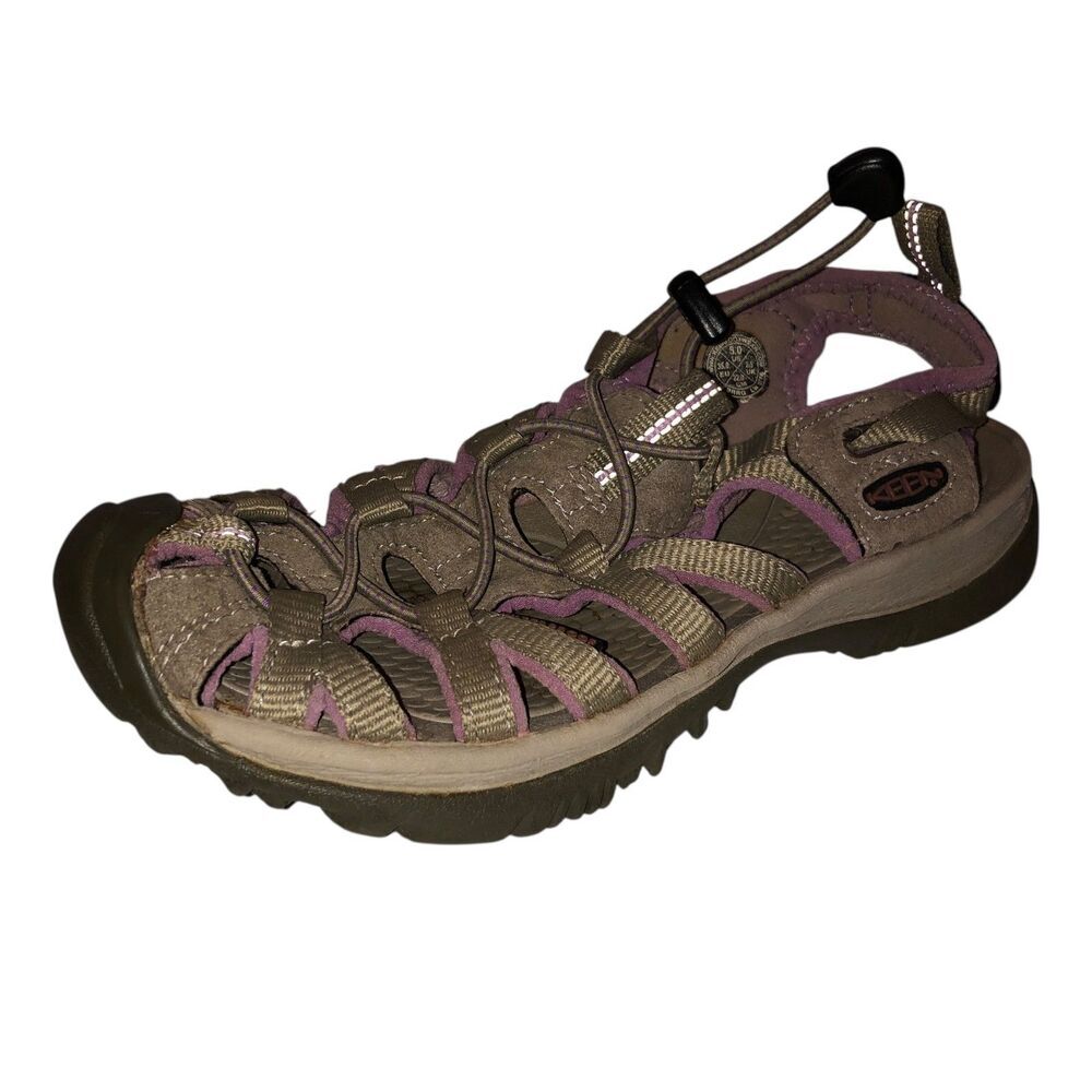 Keen Whisper Women Sz 5 Tan Purple Bungee Sport Outdoor Waterproof Shoes Sandals